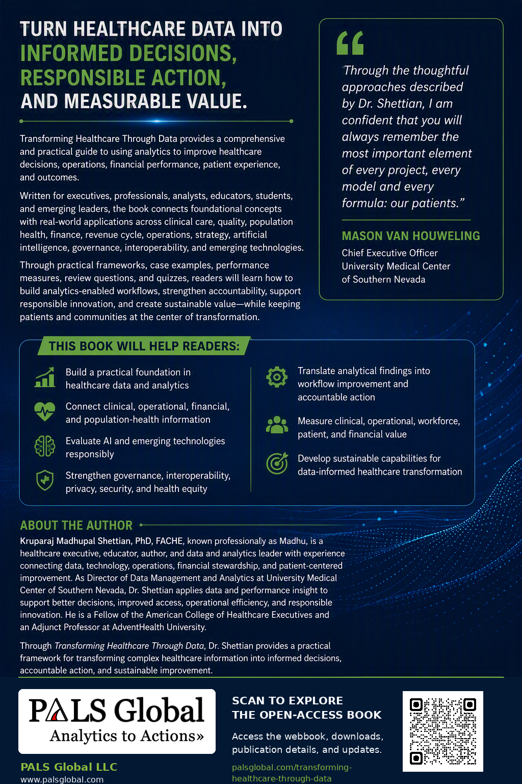 Back cover of Transforming Healthcare Through Data, featuring a book overview, reader benefits, an excerpt from the foreword by Mason Van Houweling, author information, PALS Global publisher details, and a QR code linking to the book’s online resource page.
